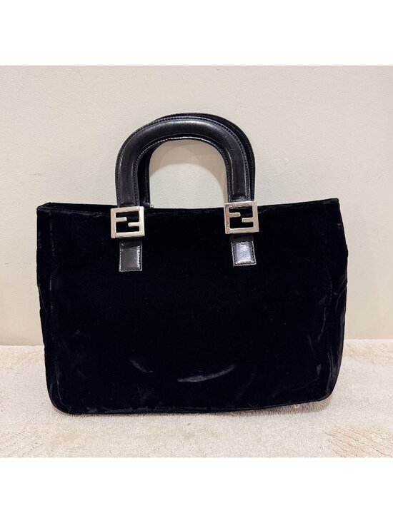 Fendi Handbags - Vintage Fendi Black Velvet FF Top Handle Hand Bag Silver Hardware Made Italy
